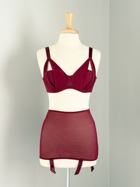 Playful Promises Maroon Lingerie Set 34C Mesh Garter Skirt Burlesque